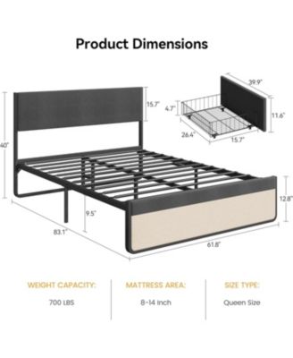 Platform Bed Frame Upholstered Headboard with 2 Large Drawers Metal Slats No Noise No Box Spring Easy Assembly