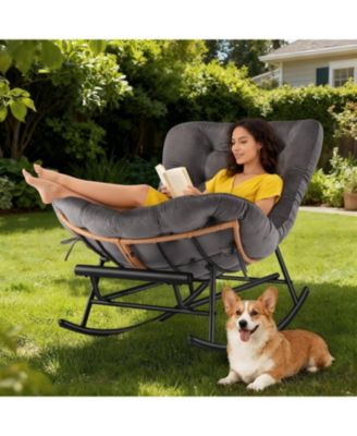 Papasan Rocking Chair with Removable Polyester Cushion, Extendable Footrest, Rattan Rocker for Living Room and Porch