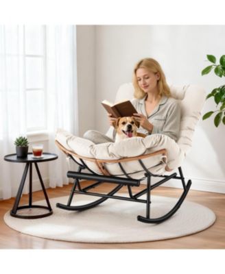 Papasan Rocking Chair with Removable Polyester Cushion, Extendable Footrest, Rattan Rocker