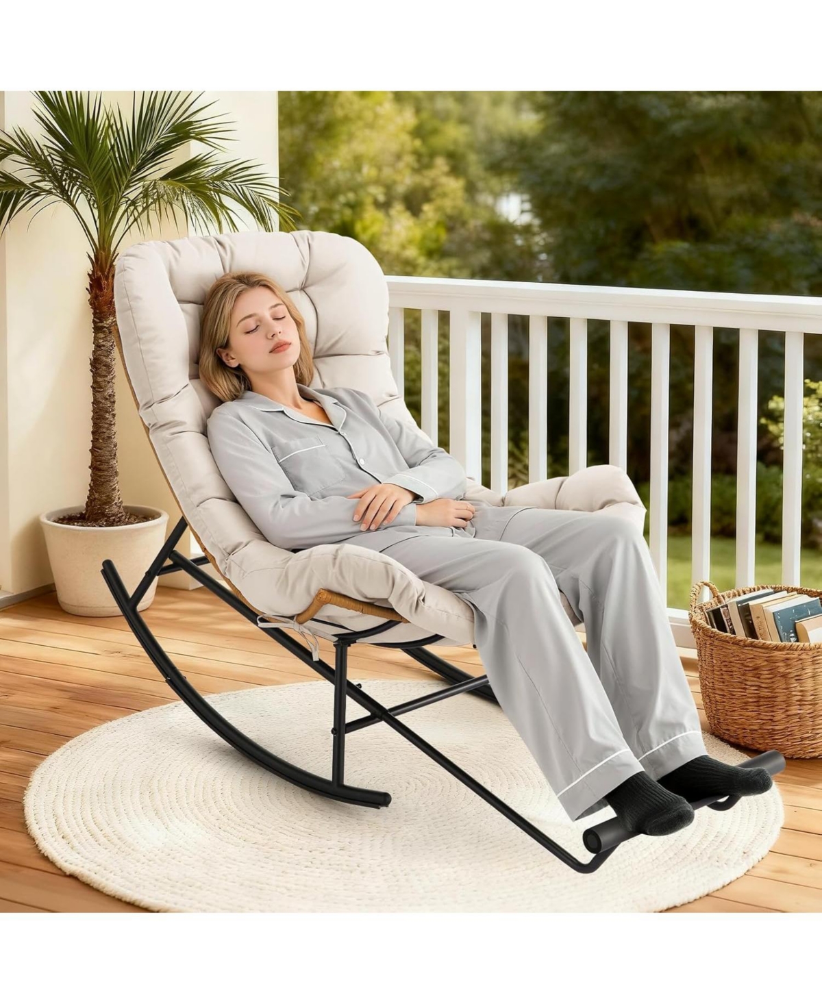 gaomon 2-Pack Papasan Rocking Chair with Footrest, Oversized Rattan Chair with Removable Cushion and Metal Frame, For Patio and Indoor