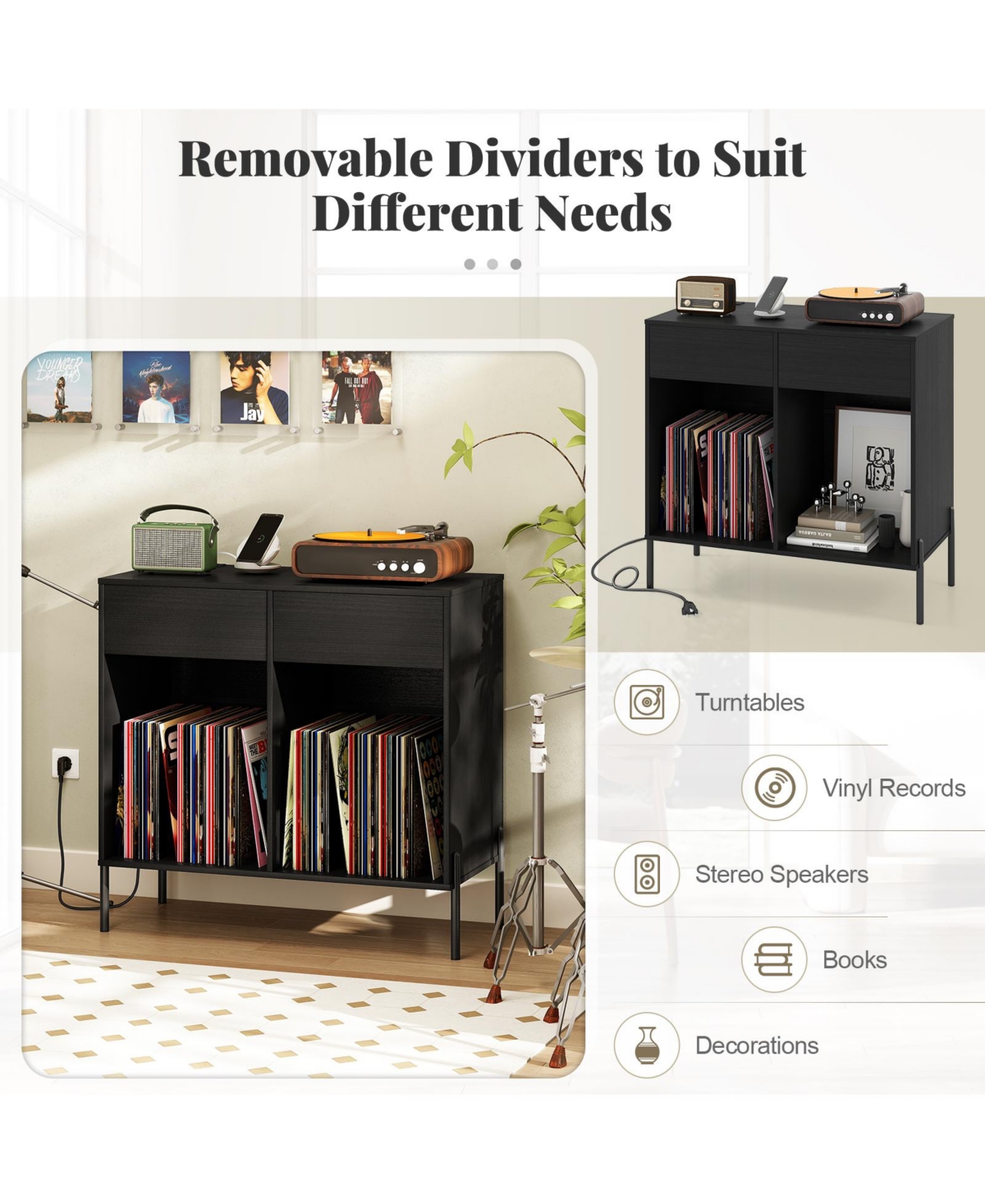 Sugift Record Player Stand with Power Outlets Double Wide Turntable Stand Vinyl Record Storage Table