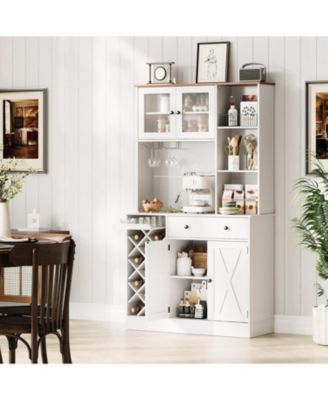 Coffee Bar Cabinet with Power Outlet & Exquisite Barn Doors, Sideboard Buffet Cabinet with Wine Bottle Rack, Storage Cabinet for Kitchen