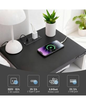 Modern Farmhouse Nightstand - USB & Outlet Charging Station for Bedroom, 2 Drawer Industrial Bedside Table with Storage