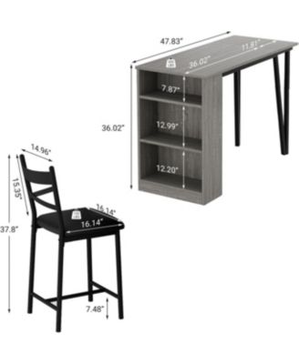 3-Piece Counter Height Dining Set for 2, Extendable Table with Shelves & 2 Cushioned Chairs, Space-Saver for Small Areas