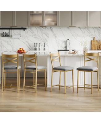 Set of 4 Gold 22" Bar Stools, Counter Height, PU Upholstered Seat, Metal Frame, X-Back, for Kitchen Island, Dining Room