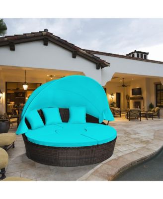 Cushioned Patio Rattan Round Daybed w/ Adjustable Table 3 Pillows