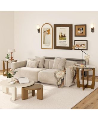 24 Inches Round Side Table with Tempered Glass Top and Solid Rubber Wood Base-Walnut