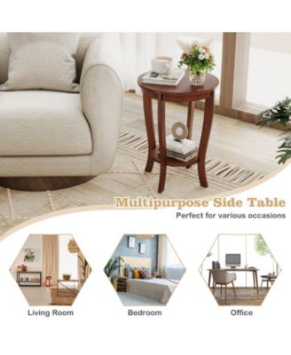 2-tier Round End Table with Solid Wood Legs