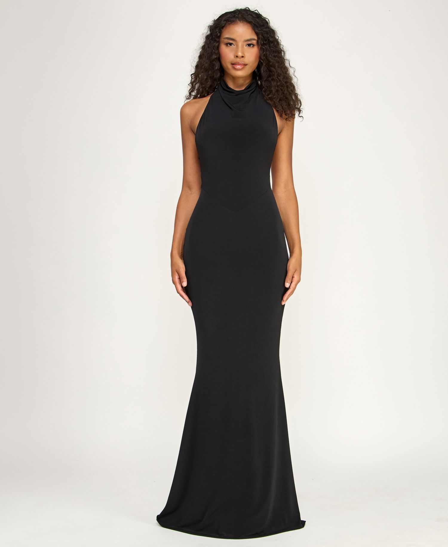 Juniors' Drape Halter Neck V-Waist Detail Gown