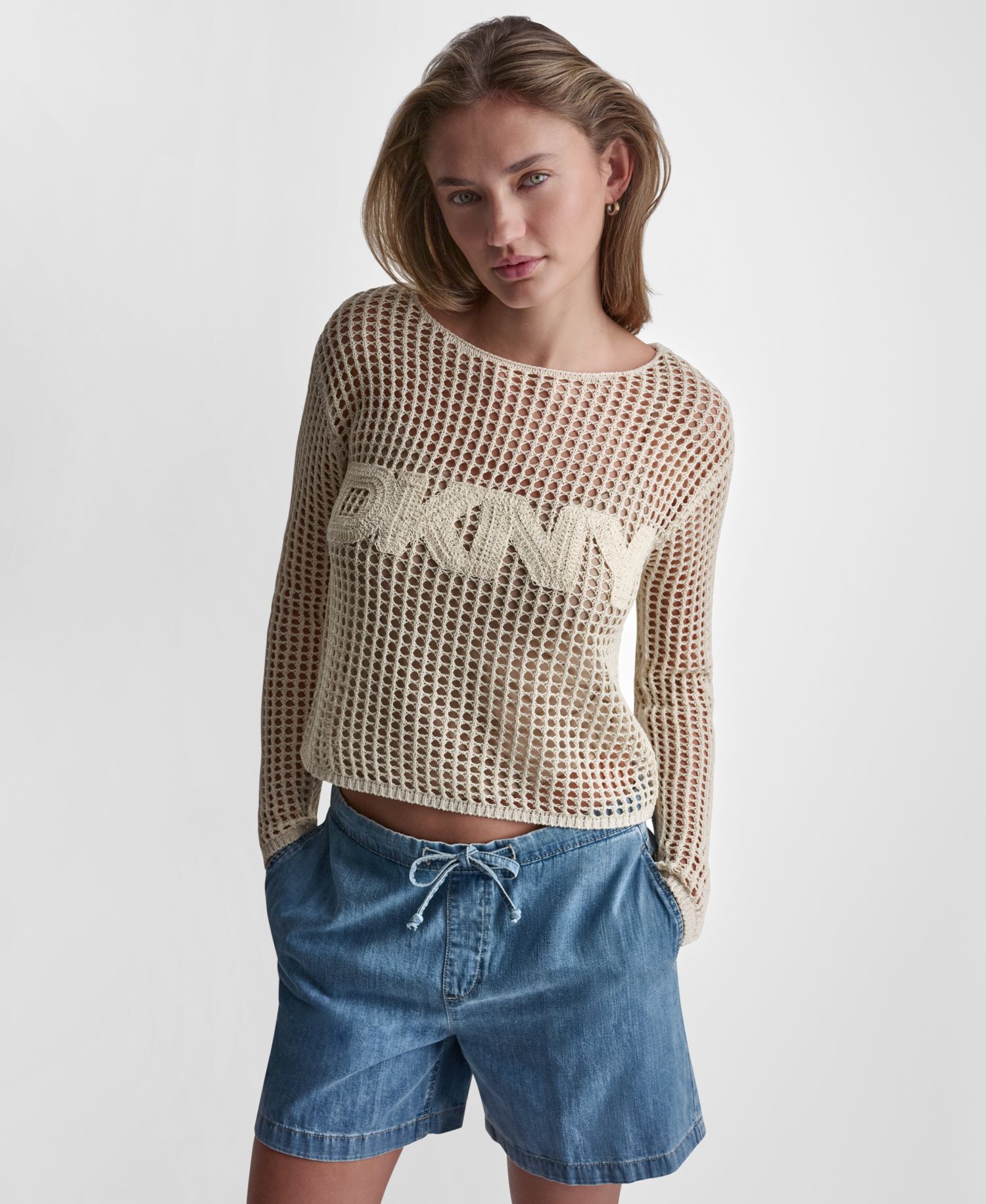 Petite Long-Sleeve Pointelle Crochet Open-Stitch Boat Neck Logo Sweater