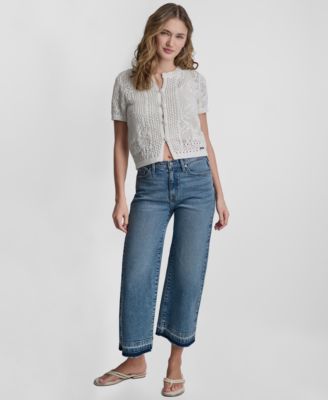 Petite Short-Sleeve Crew Neck Cardigan Sweater