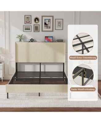 Metal Platform Bed Beige Charging Station 2 USB Ports Noise Free No Box Spring Needed