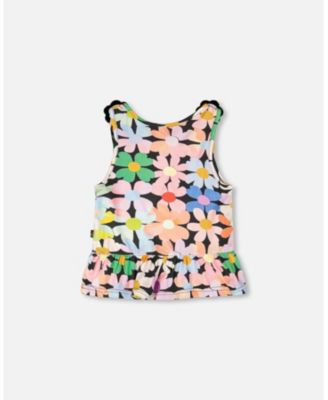 Little Girls Jersey Tank Top Black Printed Flowers