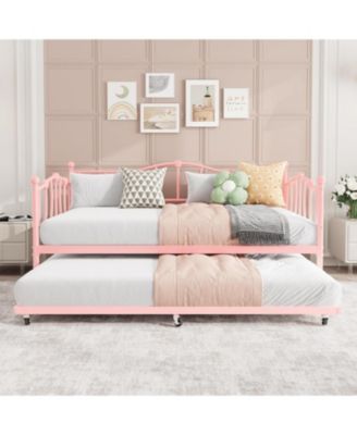 Daybed with Trundle, Metal Sofa Bed Frame with Steel Slat Support, Love Heart Design, No Box Spring