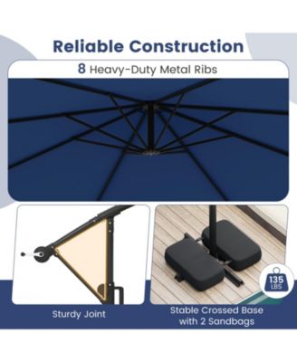 10 ft Solar Offset Hanging Umbrella with Base and LED Lights