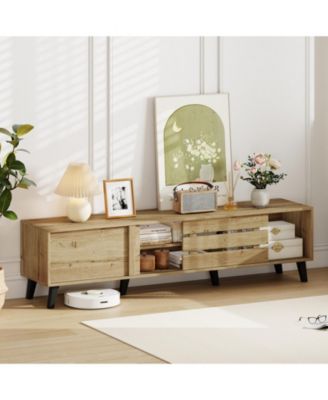 Mid Century Modern TV Stand for 80 in TVs with Sliding Doors