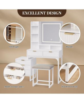 Makeup Vanity Set with LED Mirror Drawers Modes