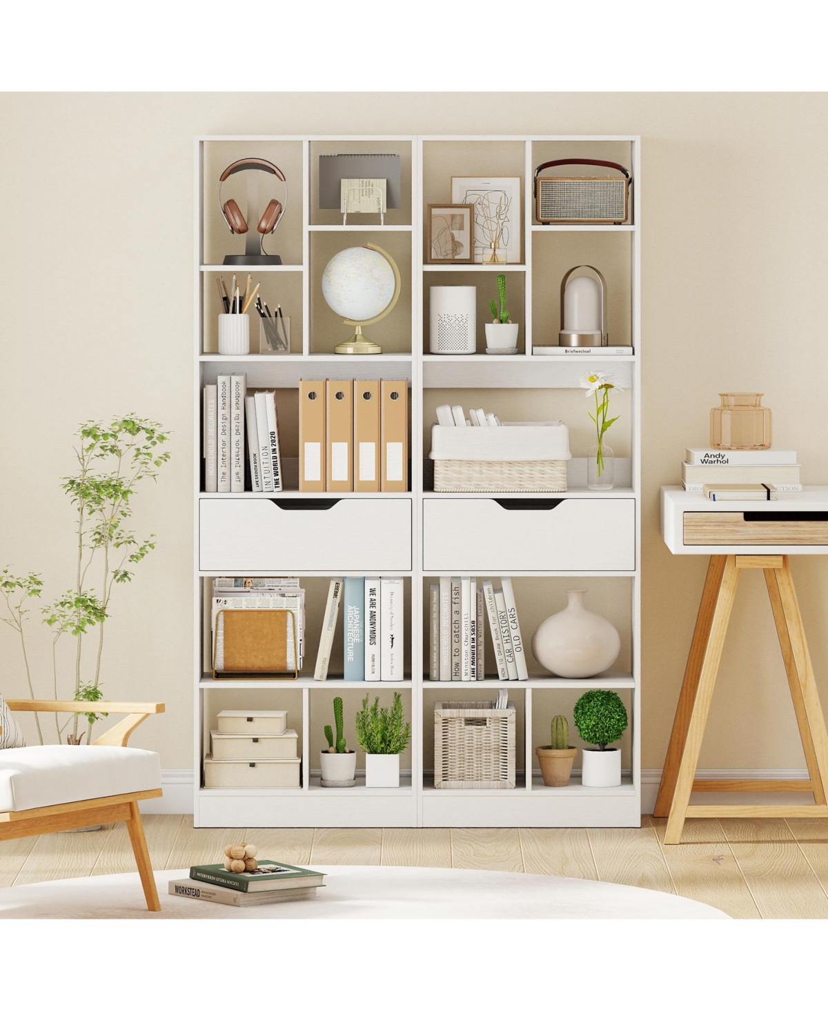 Slickblue 61 Inch Bookcase with Drawer and 8 Storage Compartments