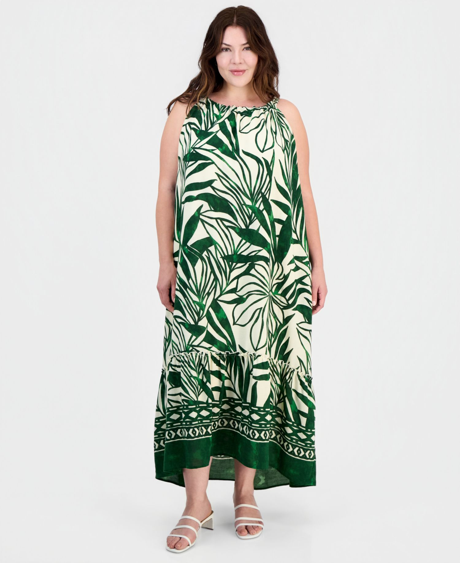 Plus Size Sleeveless Border-Print Midi Dress