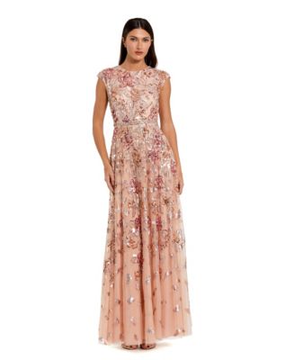 Women's Sequin Mesh High Neck Cap Sleeve A Line Gown