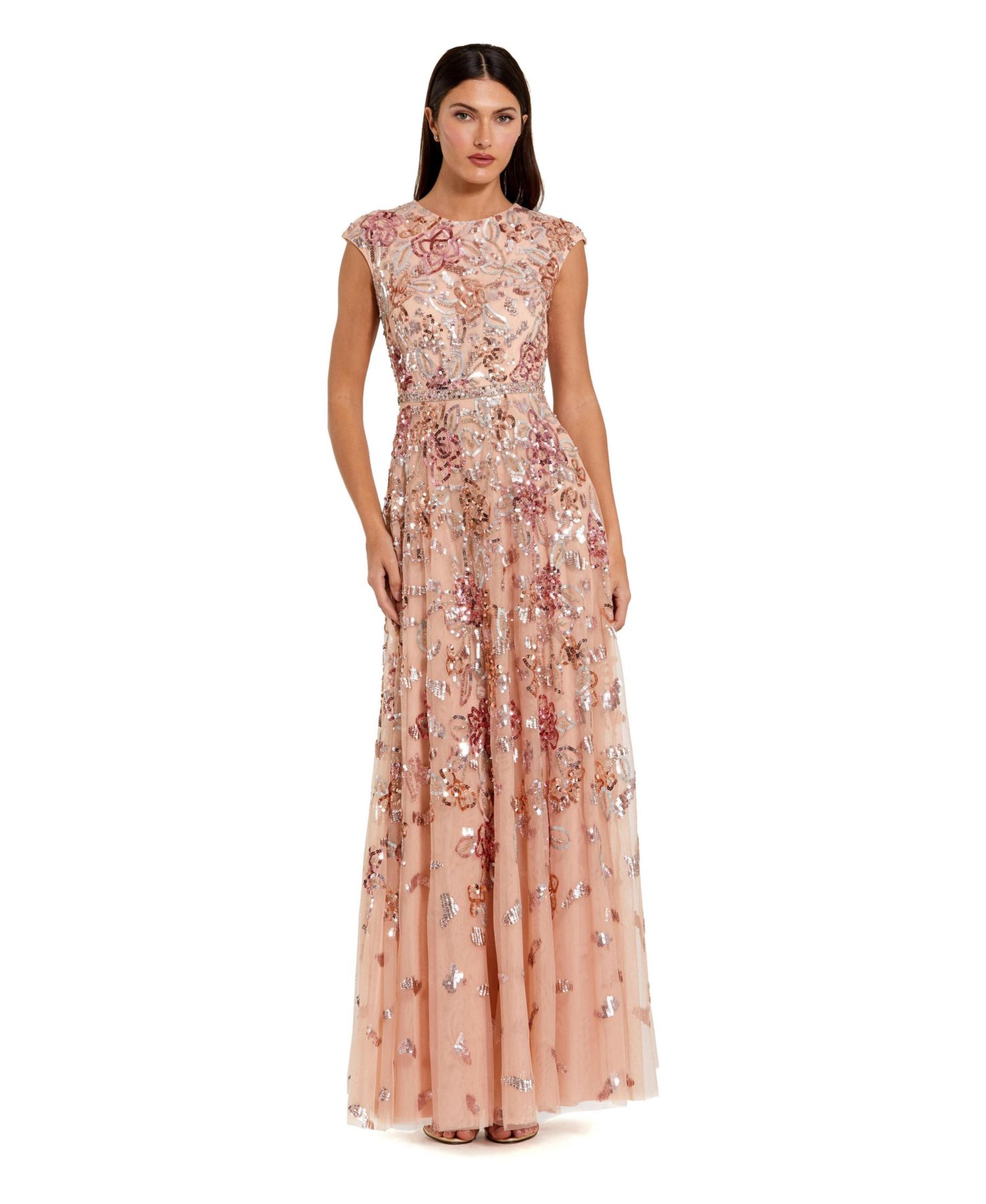Women's Sequin Mesh High Neck Cap Sleeve A Line Gown