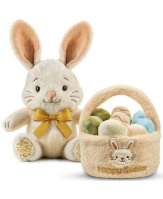 Easter Plush Bunny and Basket with Egg Toy Set, 13" Soft Cuddly Stuffed Bunny Bow and 9.5" Easter Basket with 10pc Plush Eggs
