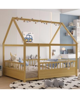 Wooden Floor Bed With House Roof Frame And Fence Guardrails Natural For Kids