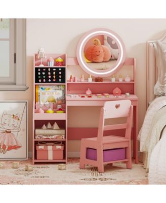 Kids Vanity Desk with Mirror and Lights Princess Pretend Play Dressing Table and Chair Set