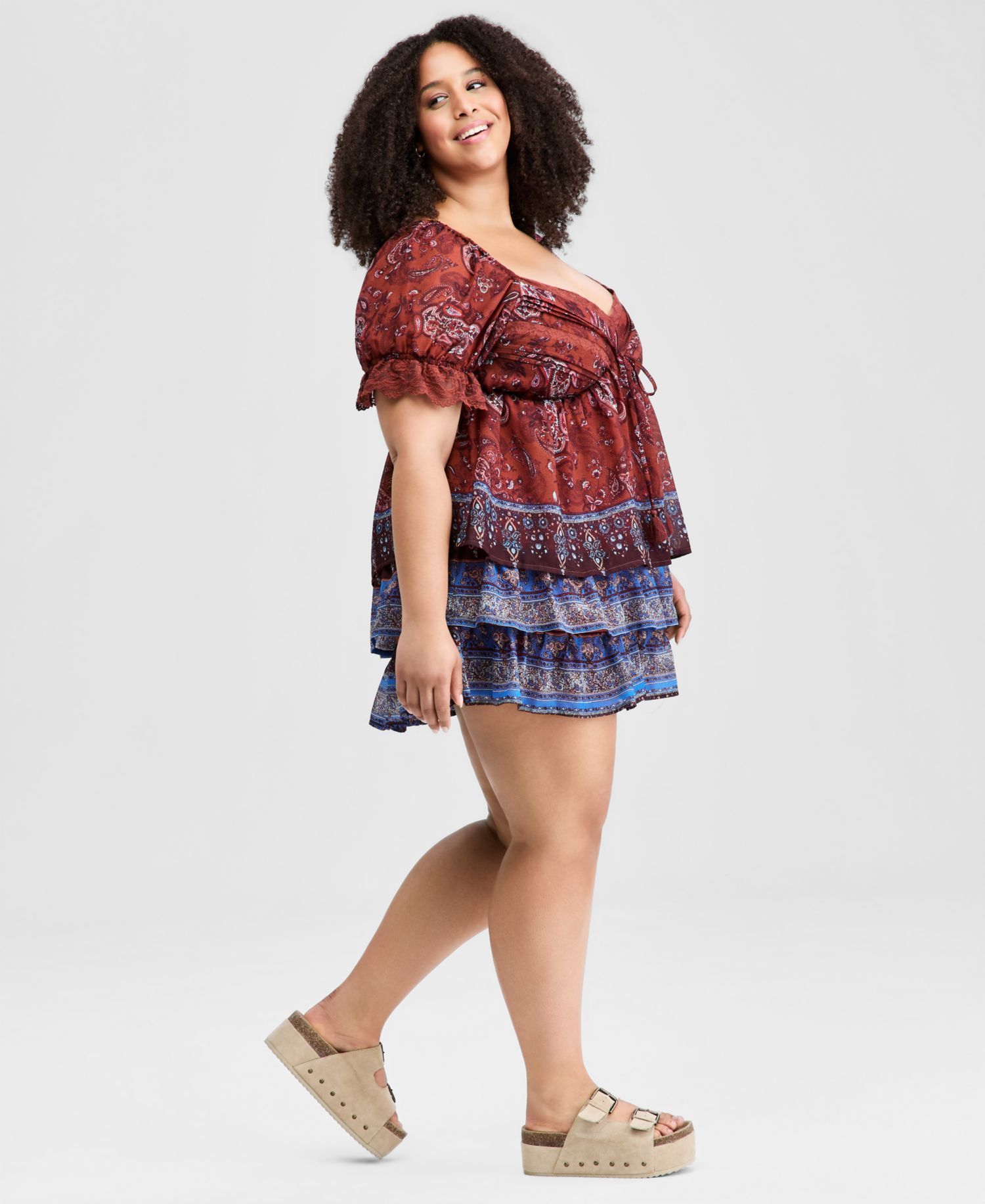 Trendy Plus Size Paisley Tiered Mini Skirt