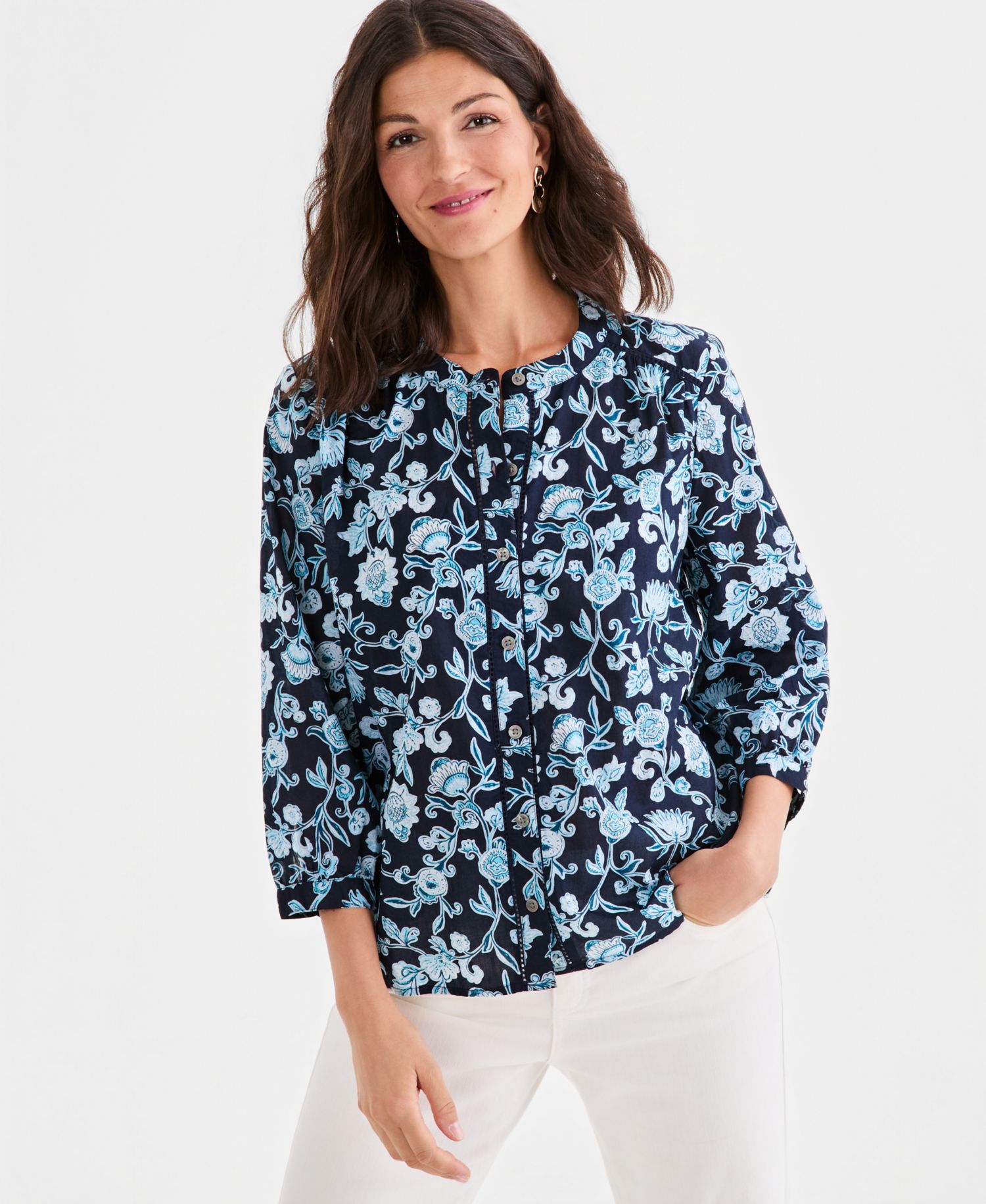Women's Cotton Button-Front 3/4-Sleeve Top