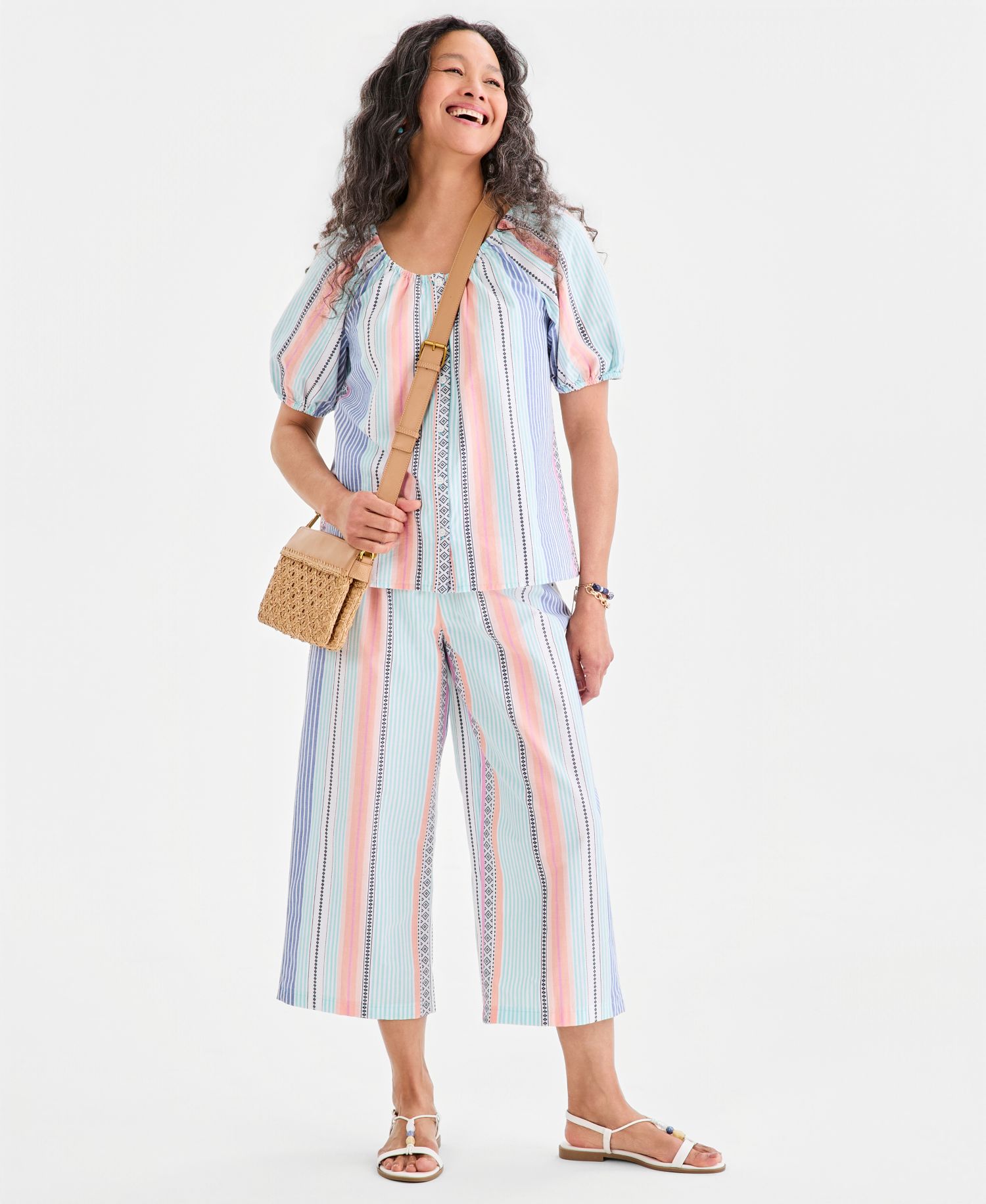 Women's Cotton Button-Front Puff-Sleeve Top