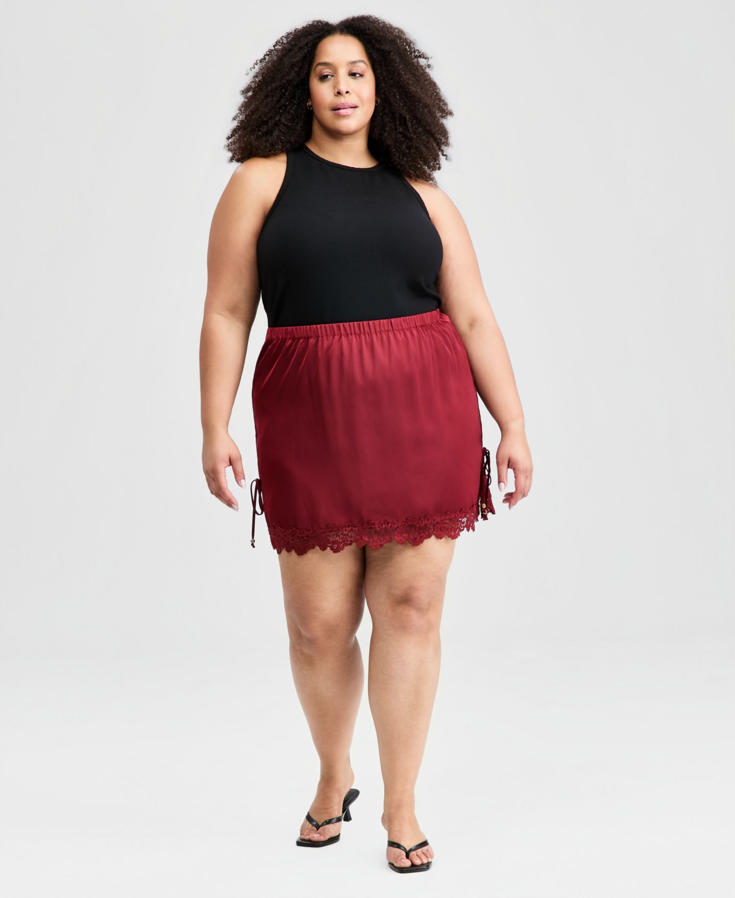 Trendy Plus Size Satin Lace-Trim Mini Skirt