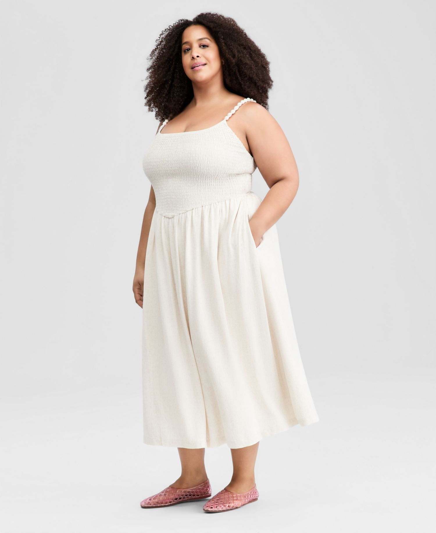 Petite Linen-Blend Beaded Strap Smocked Midi Dress