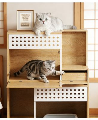 Zeus and Ruta Modern 2 In 1 Cat Furniture With Litter Box Enclosure Side Table and Storage in Natural