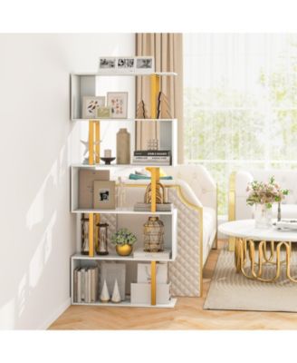 5-Tier/6-Tier Geometric Bookcase with Metal Frame and Anti-tipping Kits-5 Tier