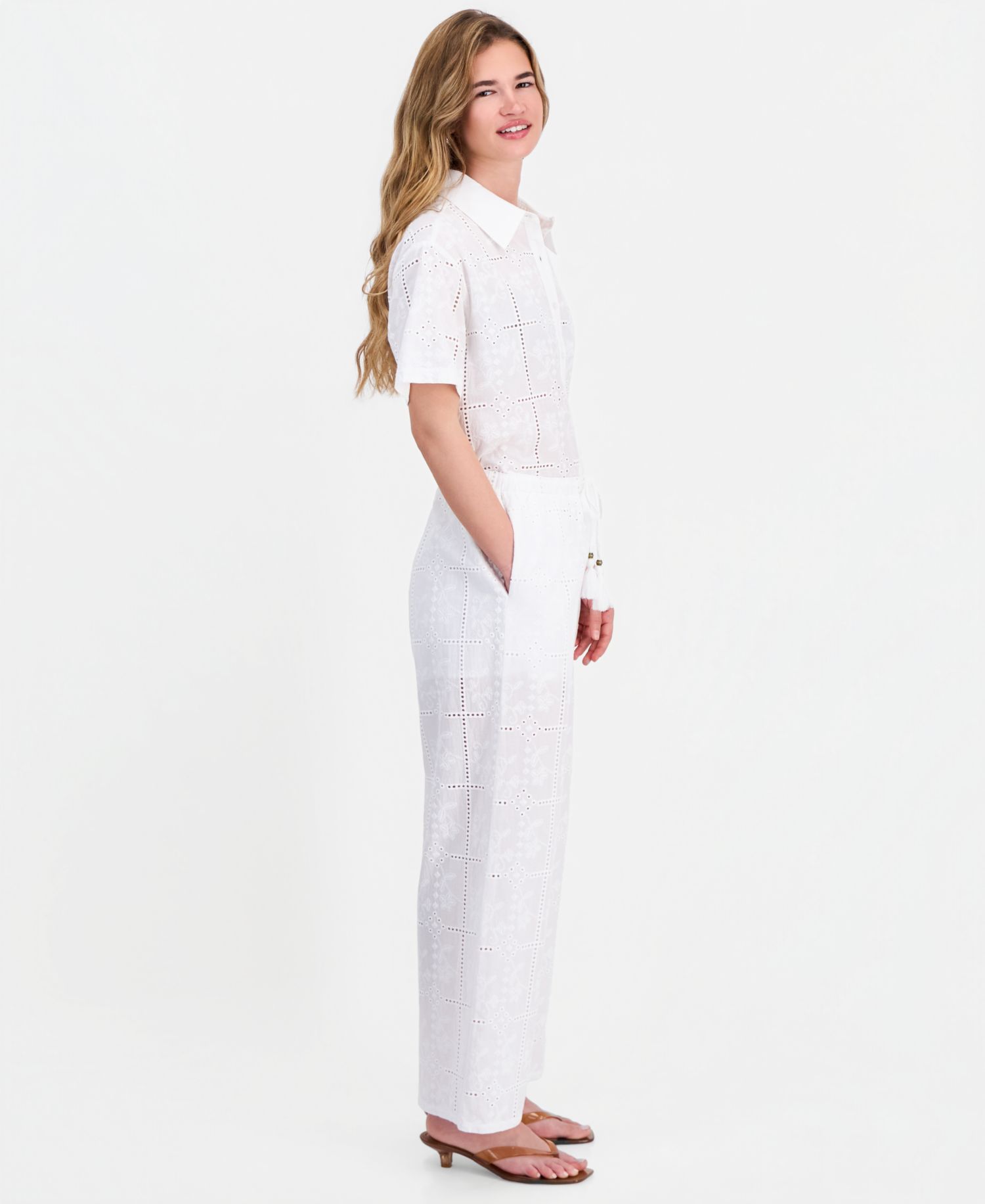 Petite Cotton Embroidered Eyelet Wide-Leg Pants