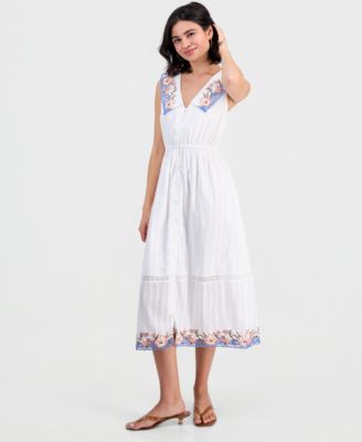 Petite Cotton Embroidered Collar Maxi Dress