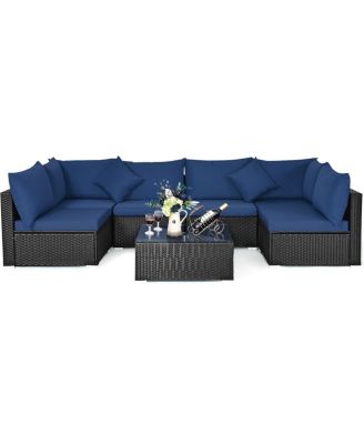 7PCS Patio Rattan Sofa Set Sectional Conversation Furniture Set Garden
