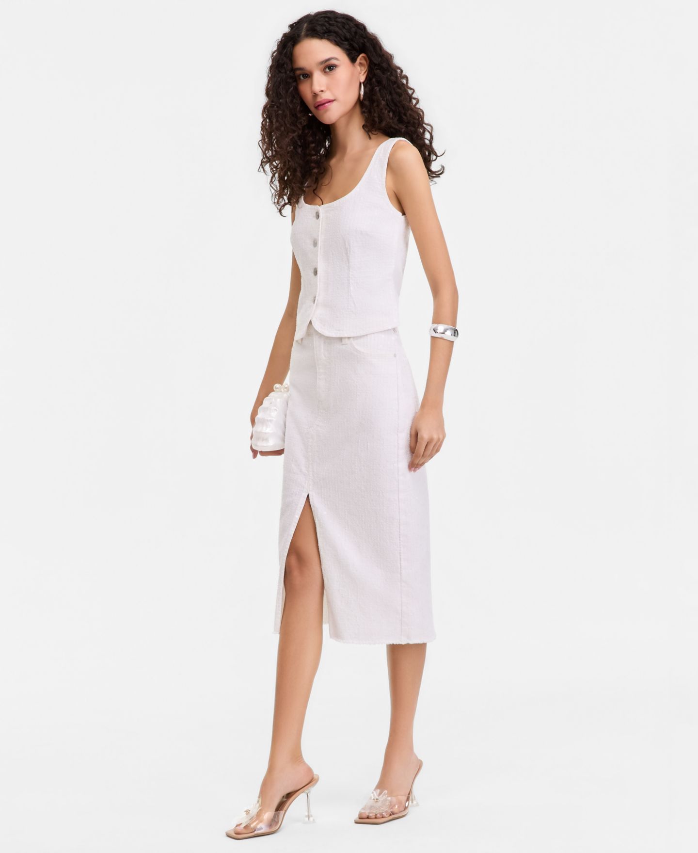 Женская юбка I.N.C. International Concepts Sequin Embellished Denim Midi, цвет: Яркий белый — фото 4