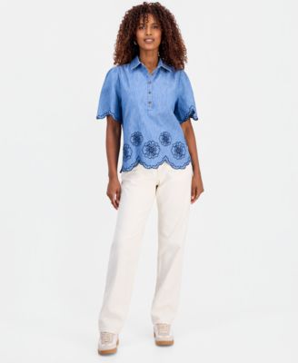 新品mame Embroidered Denim Top EMBROIDERED DENIM TOP - Light blue | ZARA United States