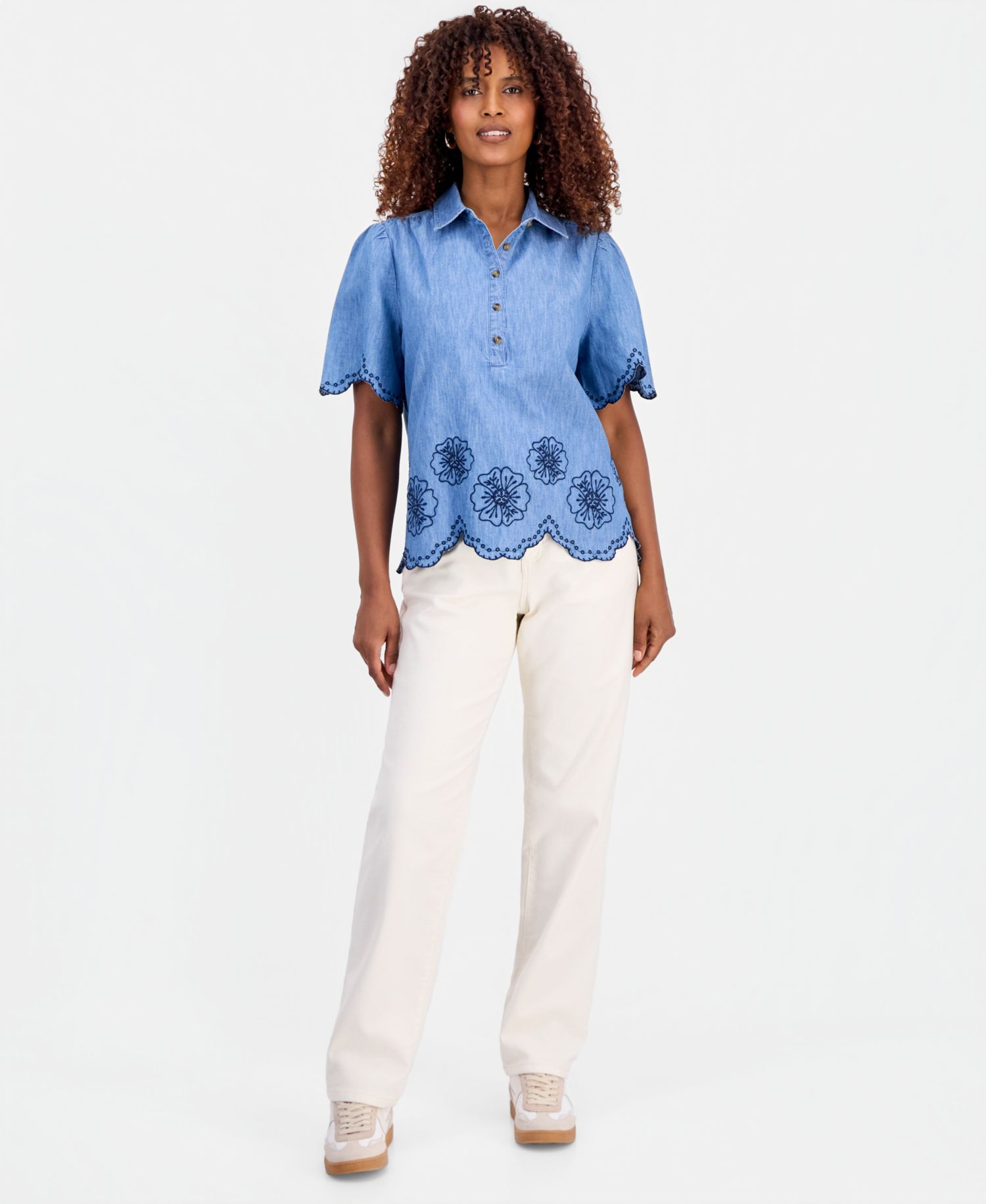 Women's Cotton Chambray Embroidered-Trim Shirt