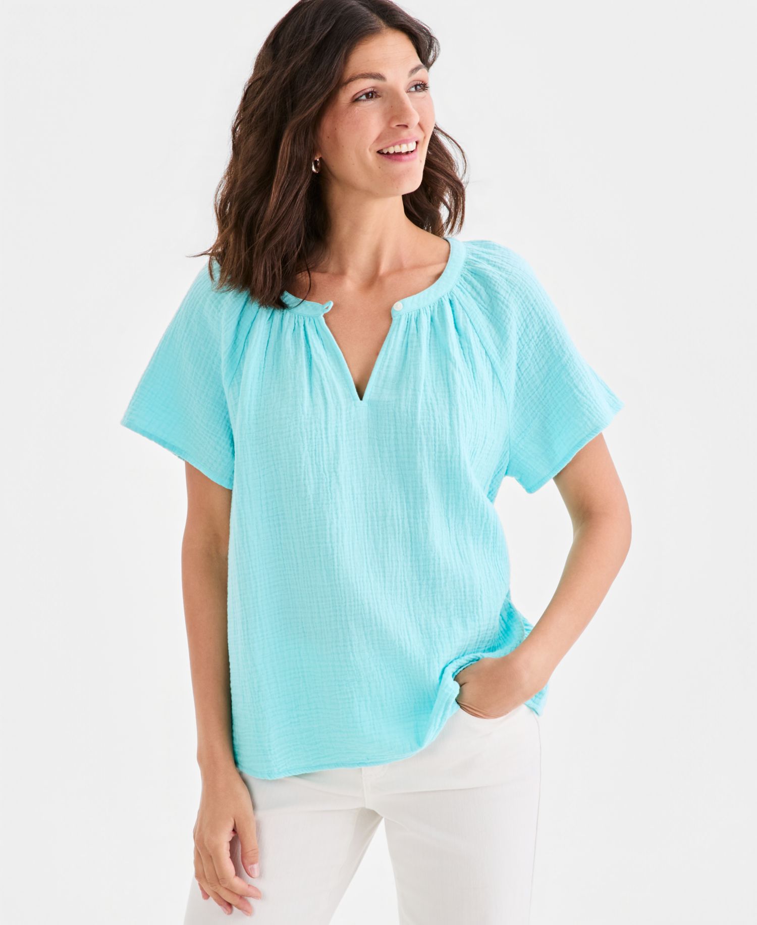 Petite Cotton Gauze Flutter-Sleeve Top
