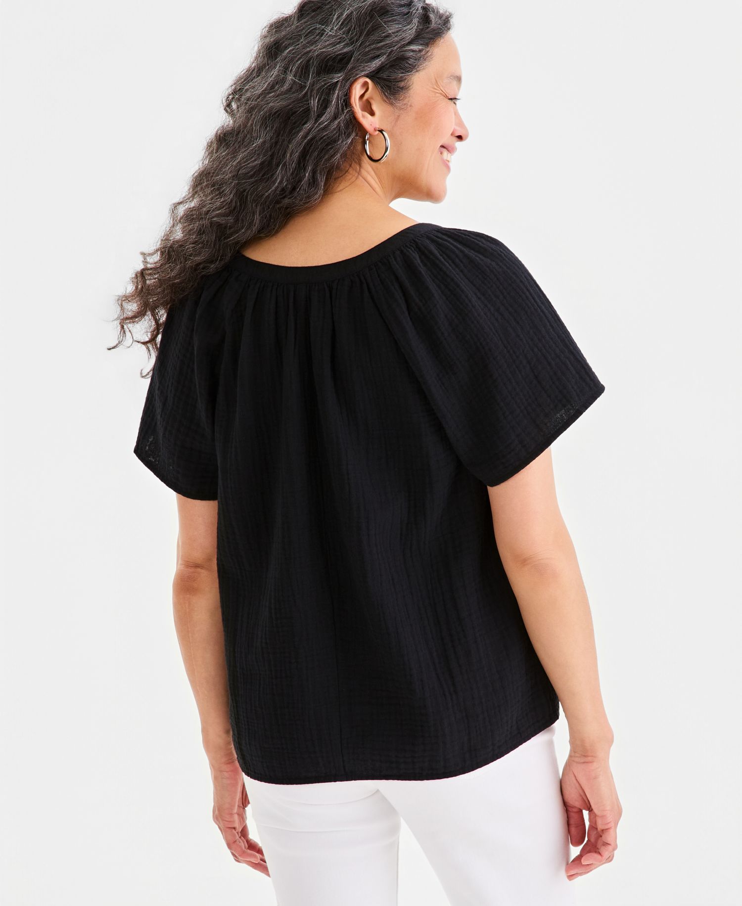 Petite Cotton Gauze Flutter-Sleeve Top