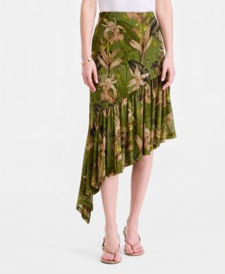 Women's Printed Mesh Asymmetric Hem Midi Skirt