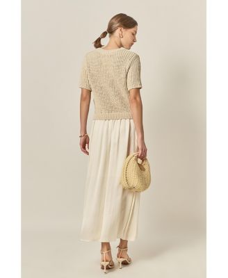 Women's Satin Contrast Mixed Media Midi Dress