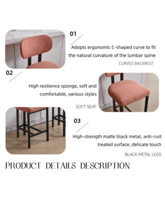 Modern Bar Stools Set of 2 - Upholstered Counter Height Chairs with Metal Legs and Adjustable Foot Nails for Kitchen Island, Home Bar