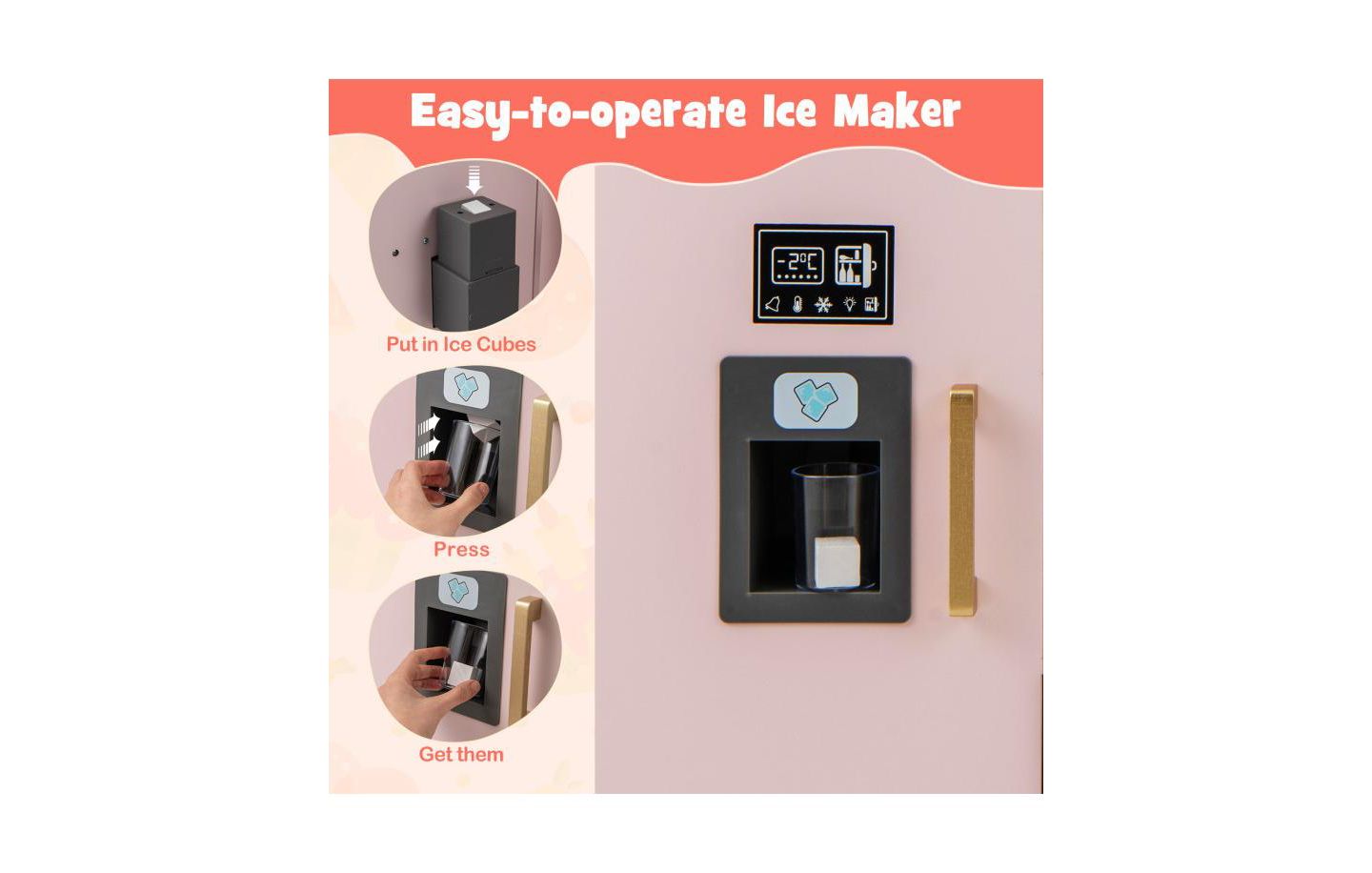 Детский игровой набор HONGGE Wooden Lighted-Microwave Kitchen Playset with Ice Maker, Ages 3+, цвет: Розовый — фото 9