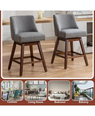 Swivel Bar Stools Set of 2, Modern Upholstered Counter Height Chairs with Wooden Legs and Nailhead Trim for Kitchen Island