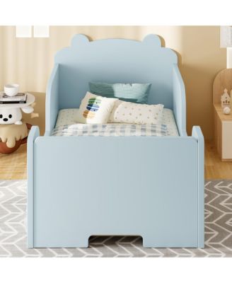 Twin Size Wood Kids Floor Platform Bed Frame, Toddler Bed with Safety Guardrails and Bear-Shaped Headboard for Boys and Girls Ages 3-6