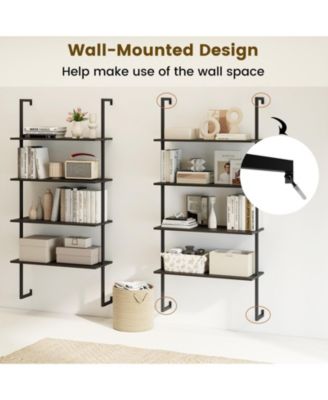 4-Tier Ladder Shelf Open Wall Mounted Bookcase with Wooden Boards and Metal Frame